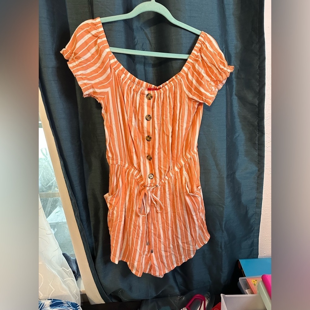 Guess Coral and White Striped Button-Down Romper